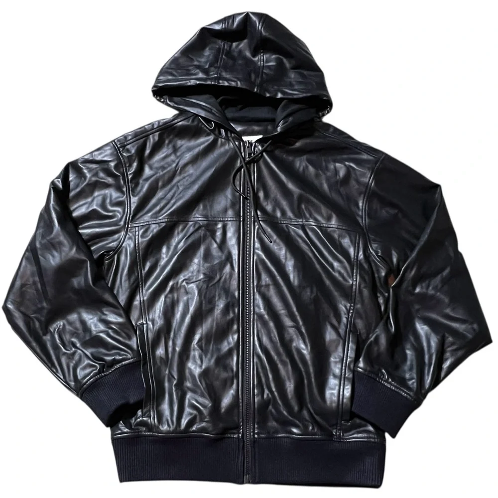 Mode of‎ One Black Faux Leather Hooded full Zip Jacket Men’s Small long sleeve